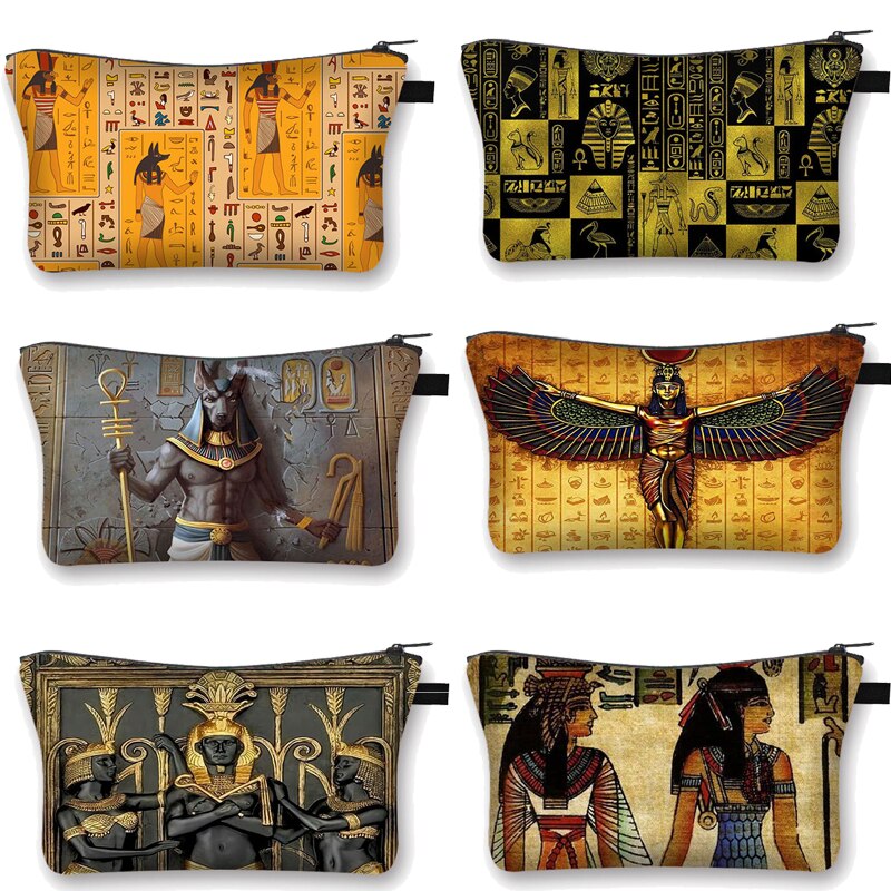 Egipska sztuka klasyczna druk kosmetyczka faraon Anubis przenośne akcesoria robić makijażu torby dziewczyny sprzęgła kosmetyczne torby CaseToiletry prezent