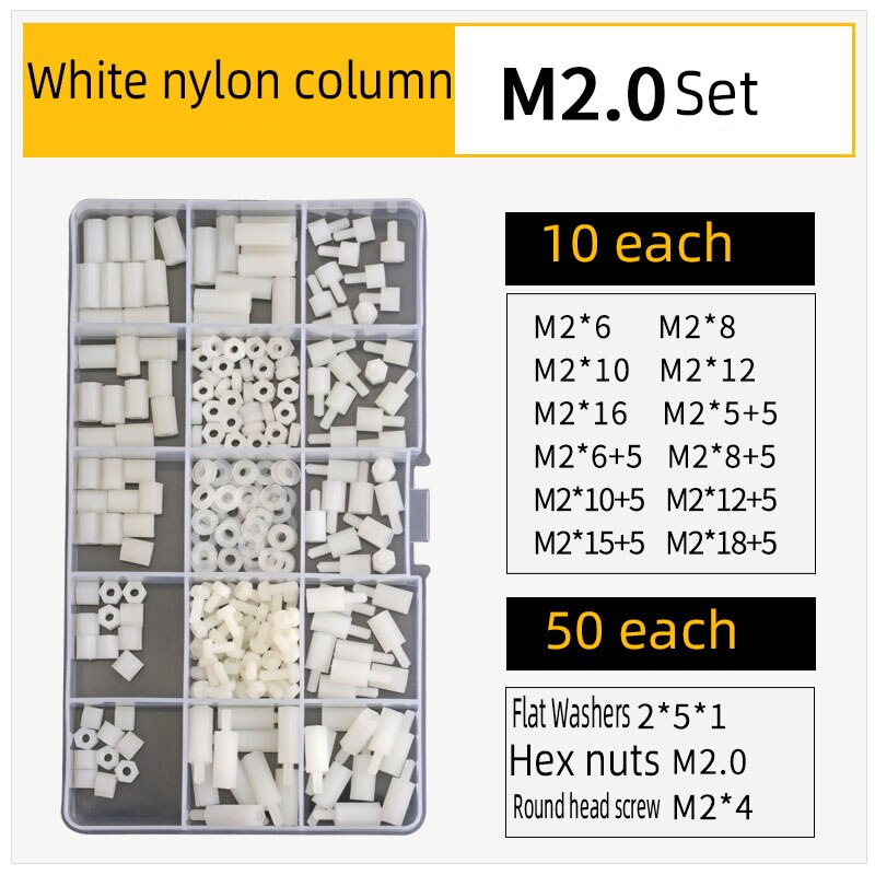 210 st/set  m2 m2.5 m3 m4 svart/vit hex nylon distans distans kolumn platt huvud plast mellanrum skruvar muttrar: Silver-