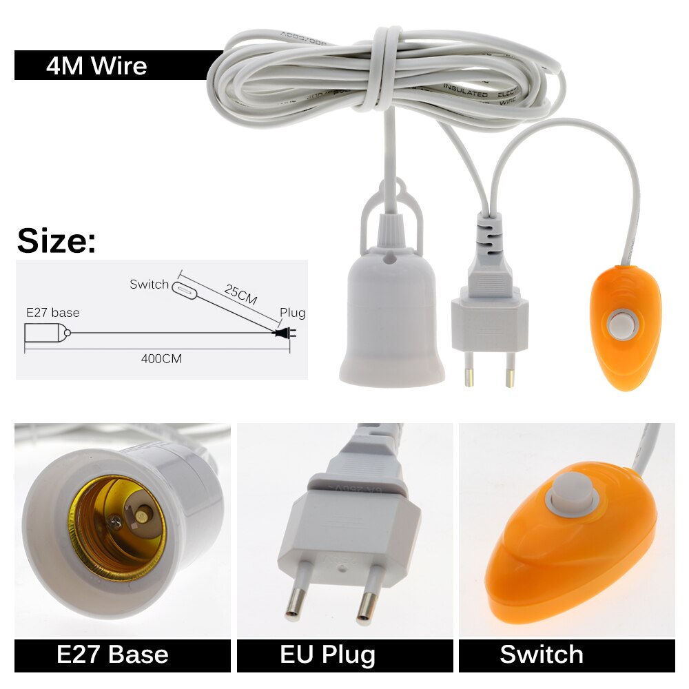 E27 Lamp Base with 4M 8M Power Cord Independent Push Button Switch EU Plug E27 Lamp Holder 220V Screw Socket for Grow Light Bulb