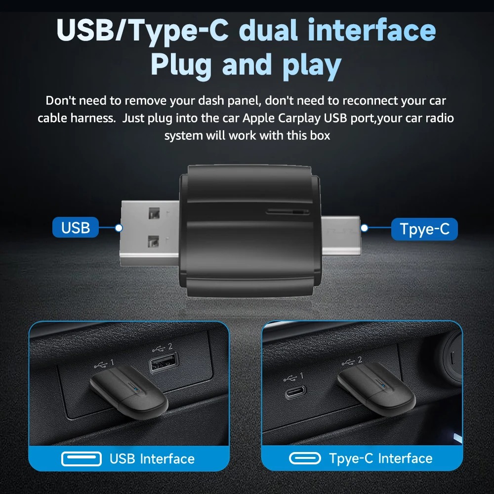 2 in 1 Wireless Carplay Adapter for Android iPhone Mini Box Double Head USB/Type-C Wired to Wireless Android Auto Adapter