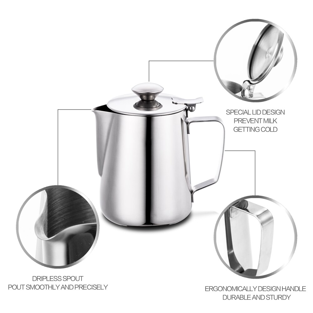 Rustfrit stål kaffekop mælkeskummende kande kande drypfri tud krus med låg flødekande kop til hjemmet cafe bar  (350 ml、 600ml)