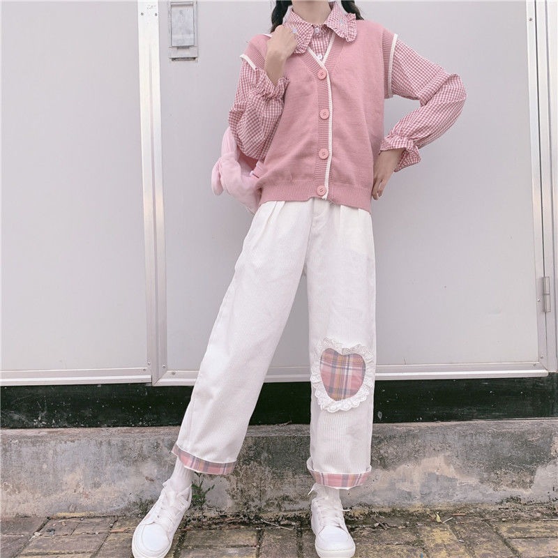 Qweek japansk kawaii pink fløjlsbukser kvinder blød pige plaid brede ben hvide bukser til kvindelig kærlighed hjerte patchwork sød