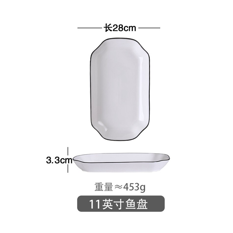 Europese stijl keramische serviesset borden eenvoudig zwarte rand zwarte lijn servies kommen en schalen restaurant diner: 11 inch visbord