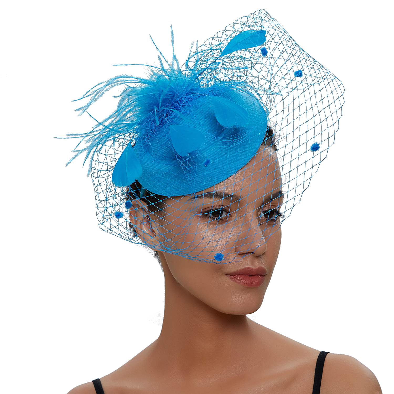 Womens Vilt Tovenaar Hoed Visnet Sluier Kleine Pluche Golf Punt Decor Haarspeldjes Bruiloft Bruids Cocktail Hoofddeksels Tovenaar: Sky Blue