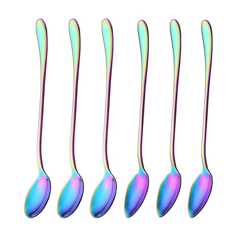 19.5cm Stainless Steel Round Head Spoon Rainbow Coffee Mixing Spoon Set Cold Drink Colorful Dessert Ice Spoon Flatware 6pcs/set: Rainbow