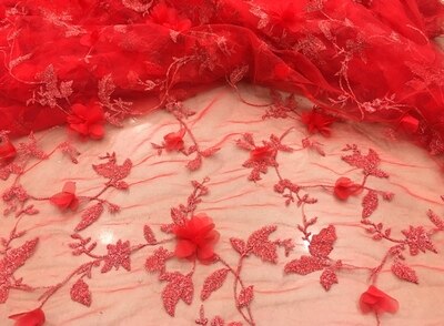 1m broderede børnetøj blonder stof tredimensionelt blomstermesh chiffon stof diy håndlavet kjole tøj: Rød