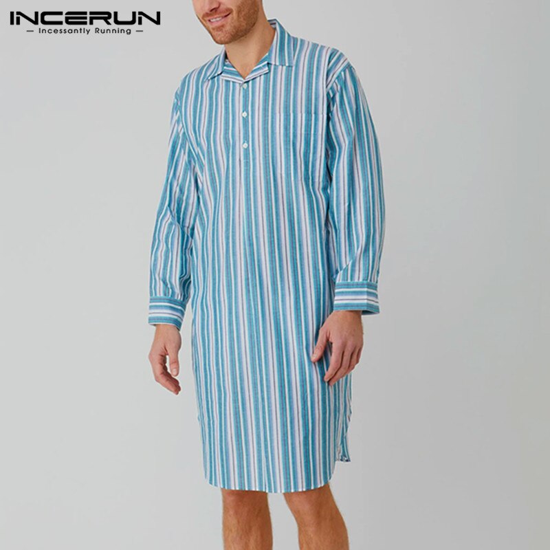 INCERUN Men Striped Nigthwear Robes Long Sleeve Lapel Sleep Robes Loose Pockets Homewear Breathable Bathrobes Plus Size7