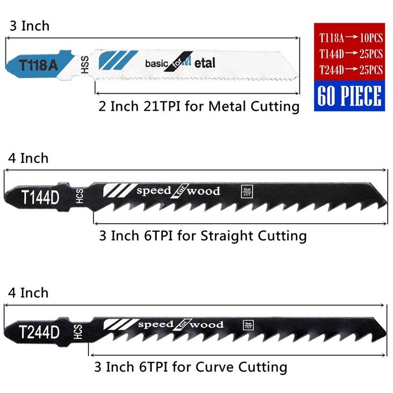 60PCS T Shank Jigsaw Blades Set for Wood Plastic Metal Jig Saws Includes of T118A T144D and T244D for Wood Metal Cutting