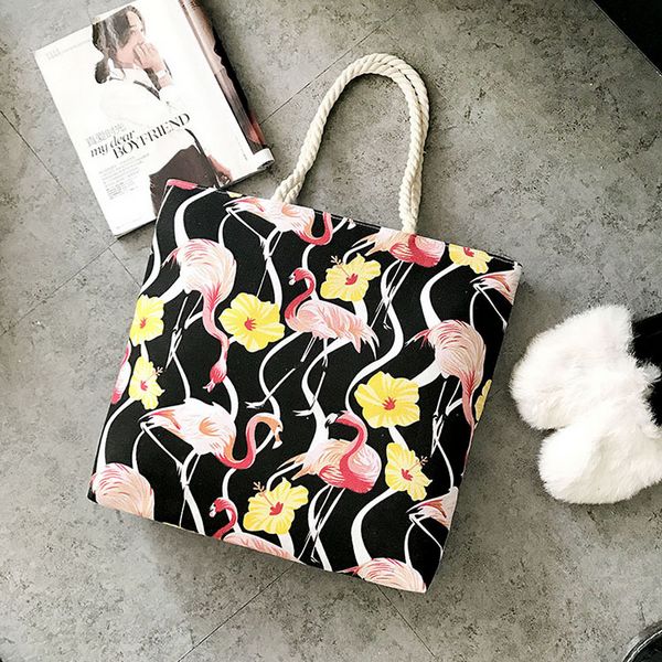 Flamingo Frauen Leinwand Tasche Große Strand Schulter Taschen Casual Weibliche Tote Hand Tasche Großen Einkaufstasche Weibliche Schulter Taschen CJ875: Black 1