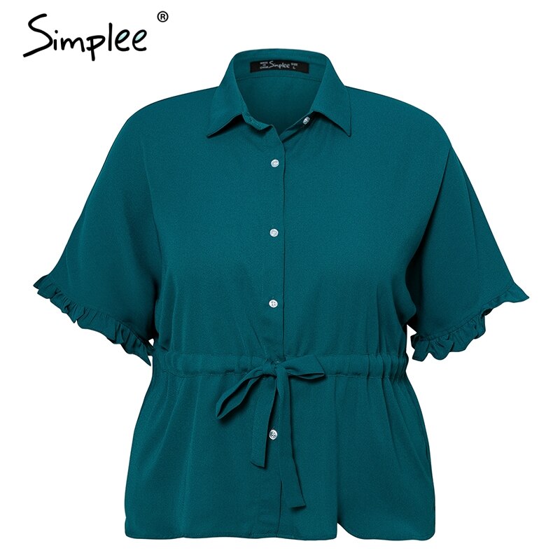 Simplee flæse plus size damebluse løse korte ærmer sashes kvindelige skjorte top afslappet kontor solide toppe og bluser