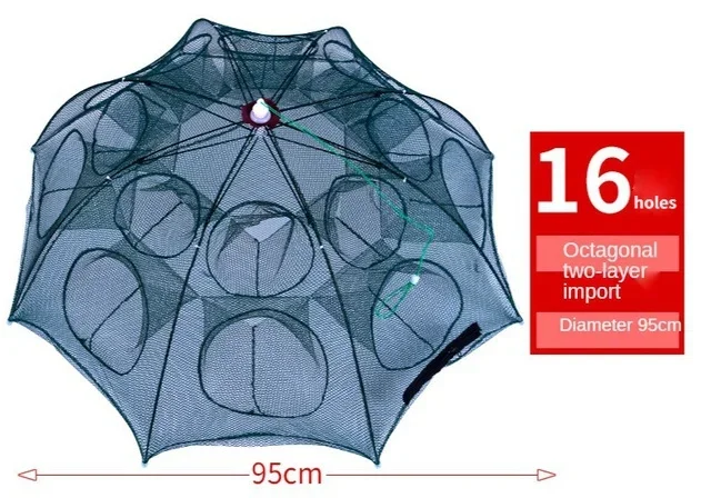 4-16 Holes Strengthened Fishing Net Shrimp Cage Foldable Nylon Automatic Umbrella Shape Fish Trap Cast Folding Landing Net: green