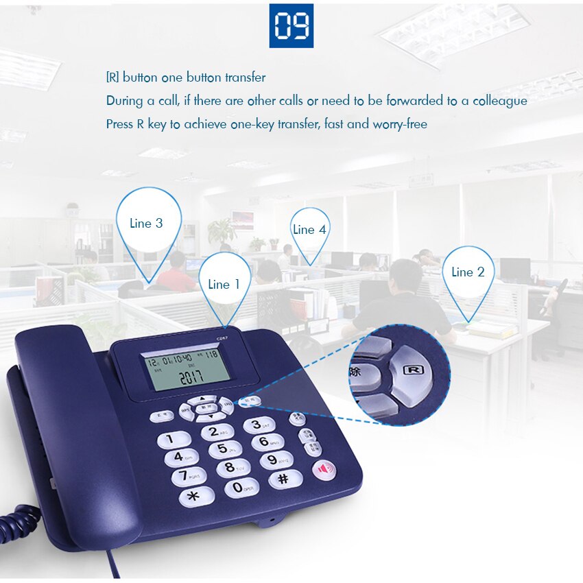 Téléphone fixe filaire avec haut-parleur, touche R, bouton lumineux, luminosité de police réglable, téléphone filaire à double Port pour le bureau et la maison