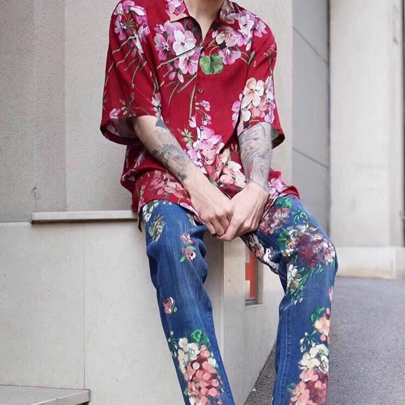 High Street Hand Painted Floral Jeans Mens Straight Oversized Retro Casual Denim Pants Loose Washed Ripped Jean Trousers