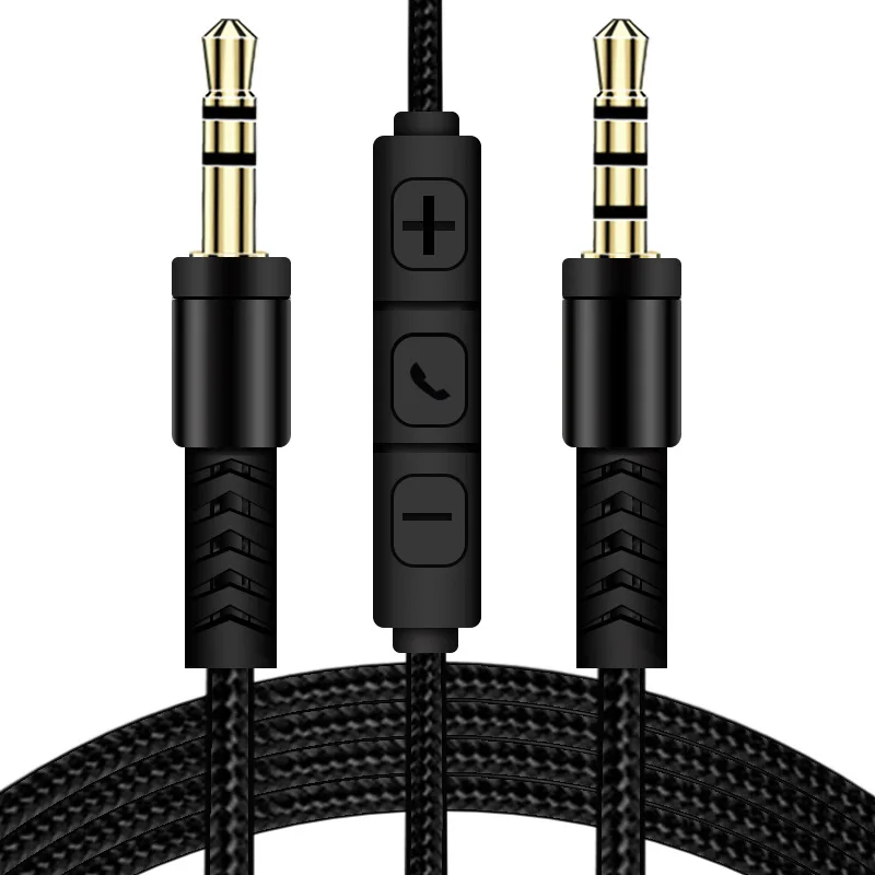 Cabo macho para macho com microfone, controle de volume para auscultadores e altifalante do carro, linha AUX, 1.2m, 3.5mm: Preto