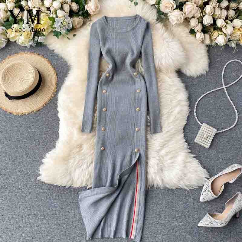 Yuoomuoo Elegante Vintage Double-Breasted Office Dames Jurk Herfst Winter Gebreide Lange Jurk Vrouwelijke Split Bodycon Jurk: Grijs