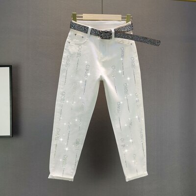 Jeans for kvinner diamanter bokstav høy midje jeans kvinner pluss størrelse stretch jeans løse denim blyantbukser: Hvit / 26