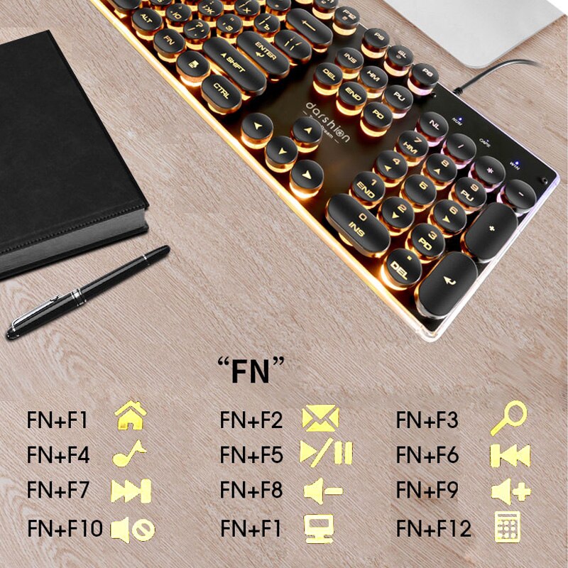 Steampunk Retro Gaming Keyboard Russian/English Layout Round Keycap Backlit USB Wired Glowing Metal Panel Crystal Border