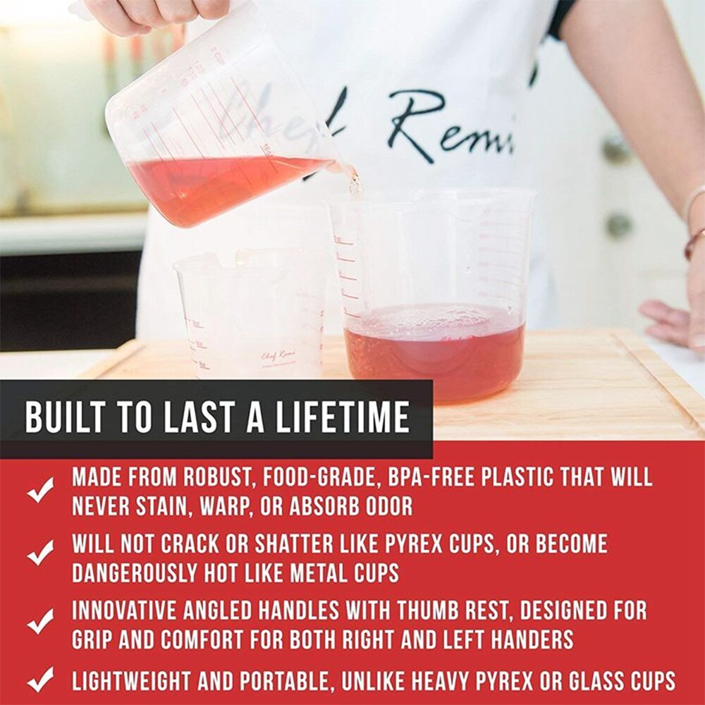 Jarra medidora de plástico para cocina, taza medidora de superficie con boquilla, graduada para hornear, medida líquida, 250/500/1000ML, 3 uds.