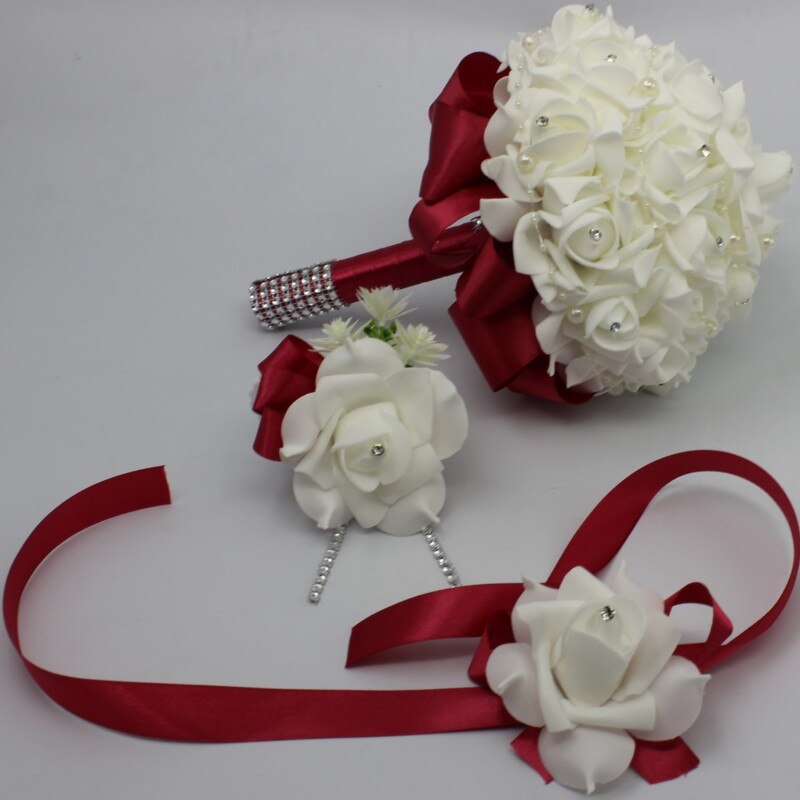 3 stks/set Bridal Bruidsmeisje Kunstbloemen houder Bruidsboeket Boutonniere Pols Corsage Set Thuis Party Bruid Accessoires: Wine red