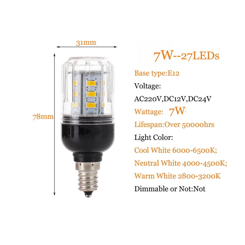Hot E27 E14 E12 E26 27LEDs 7W Oświetlenie SMD 5730 LED Żarówka kukurydziana Żyrandol świąteczny 110V 220V DC 12V 24V Lampy
