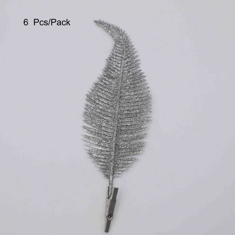 Simulatie Bloem Kerstboom Vaas Decoratie Clip Op Glittery Kerstballen Ornament Veer Bladeren Voor Home Office Decoraties: 6Pcs Grey