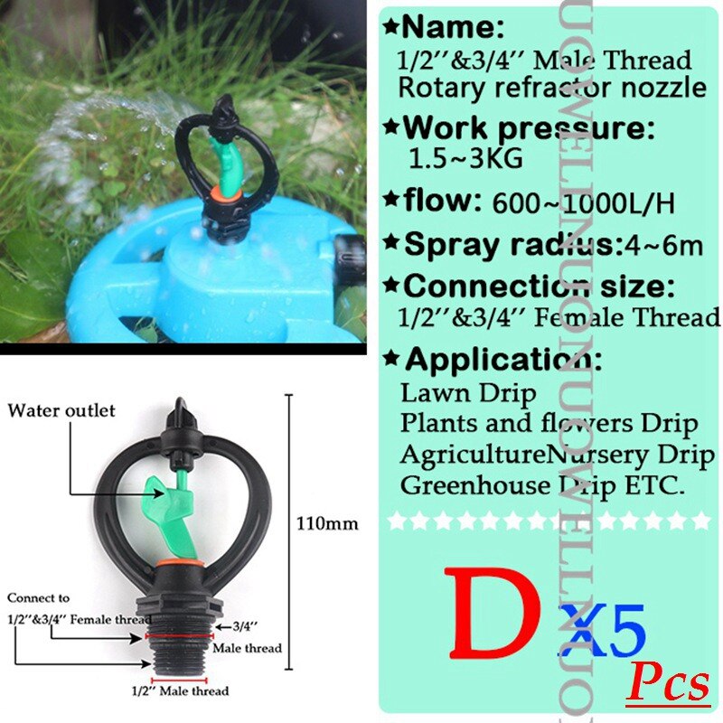5Pcs Irrigation Spray Nozzle 1/2'' 3/4'' Male Thread Garden Watering Sprinkler 360Rotary Refractor Sprinkler For Greenhouse Drip: D