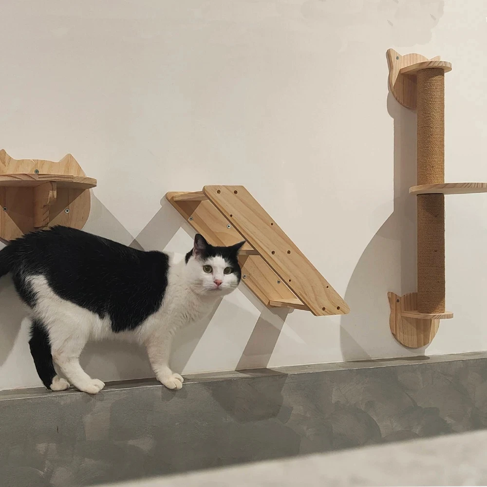Wall-Mounted Cat Climbing Frame Wooden Cat Tree Cats Hammock Scratching Post Pedal Jumping Platform Indoor Pet Wall Furniture