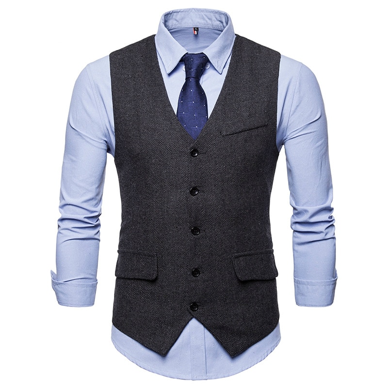 Smart casual puku liivi miesten bisnesliivi liivi miesten juhlapuku liivi puku yksirivinen klassinen v-pääntie hääpaita: Musta / Xxl
