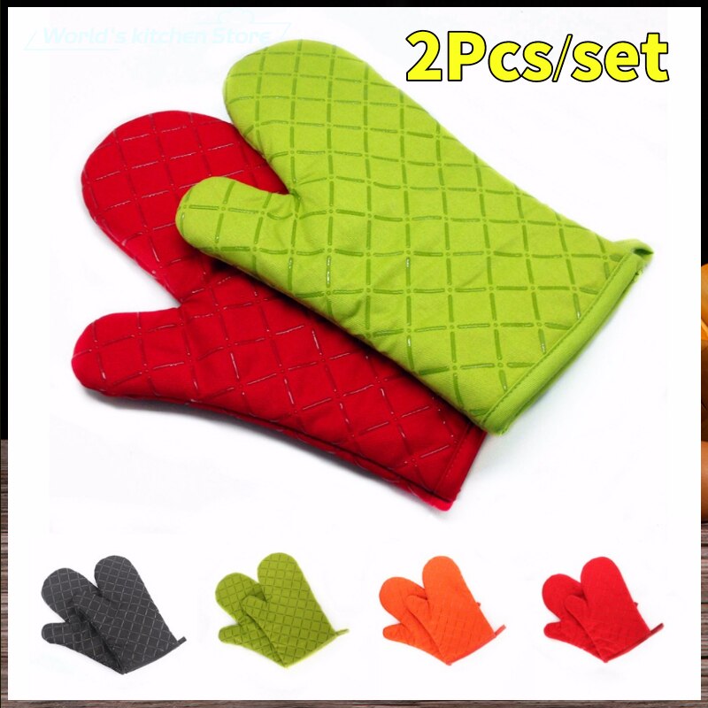 2 pcs Kitchen Oven Mitts With Non-Slip Silicone Printed Cotton Glove 1 Pair of Heat Resistant Cooking Baking Grilling Tools
