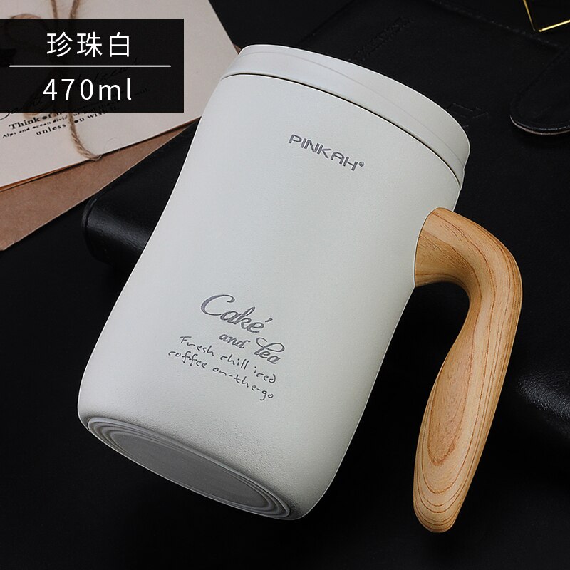 PINKAH 470ML Vacuum Coffee Cup With Handle Insulation Mug Office Leakproof Tea Cup With Lid Household Milk Thermos: White