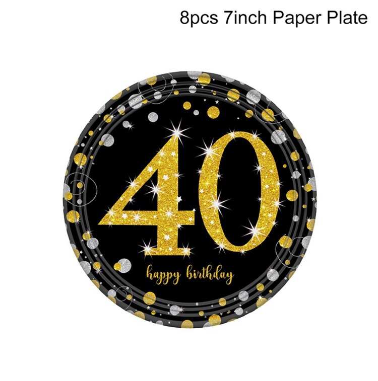 HUIRAN Black Golden Balloons 40 Years Old Birthday Baloon Happy 40th Brithday Party Decorations Adult Ballon Number Balon Globos: paper plate 7inch