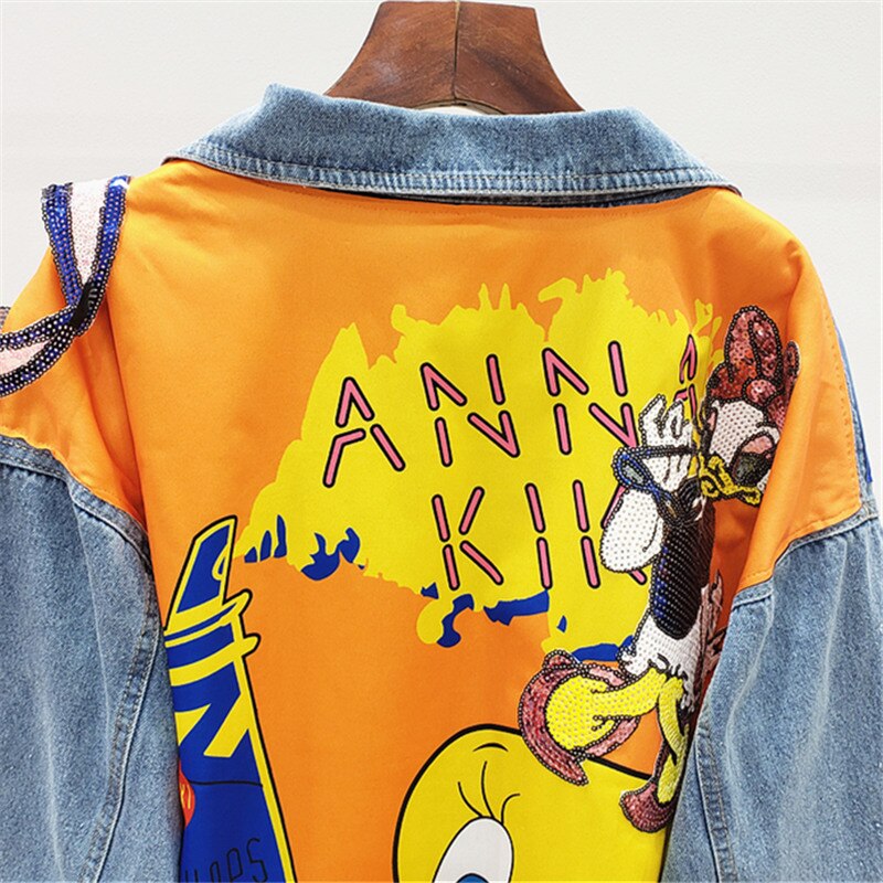 Chaqueta vaquera con estampado de dibujos animados para mujer, chaqueta vaquera con lentejuelas para mujer, ropa de calle, abrigo vaquero de manga larga, prendas de vestir holgadas, novedad de Otoño de