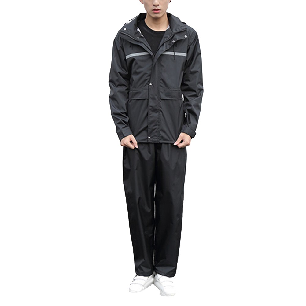 Two-piece Unisex High Visibility Reflective Hooded Raincoat Pants Set Rain Suit men coats with Face mask screen: Black / XXXXL