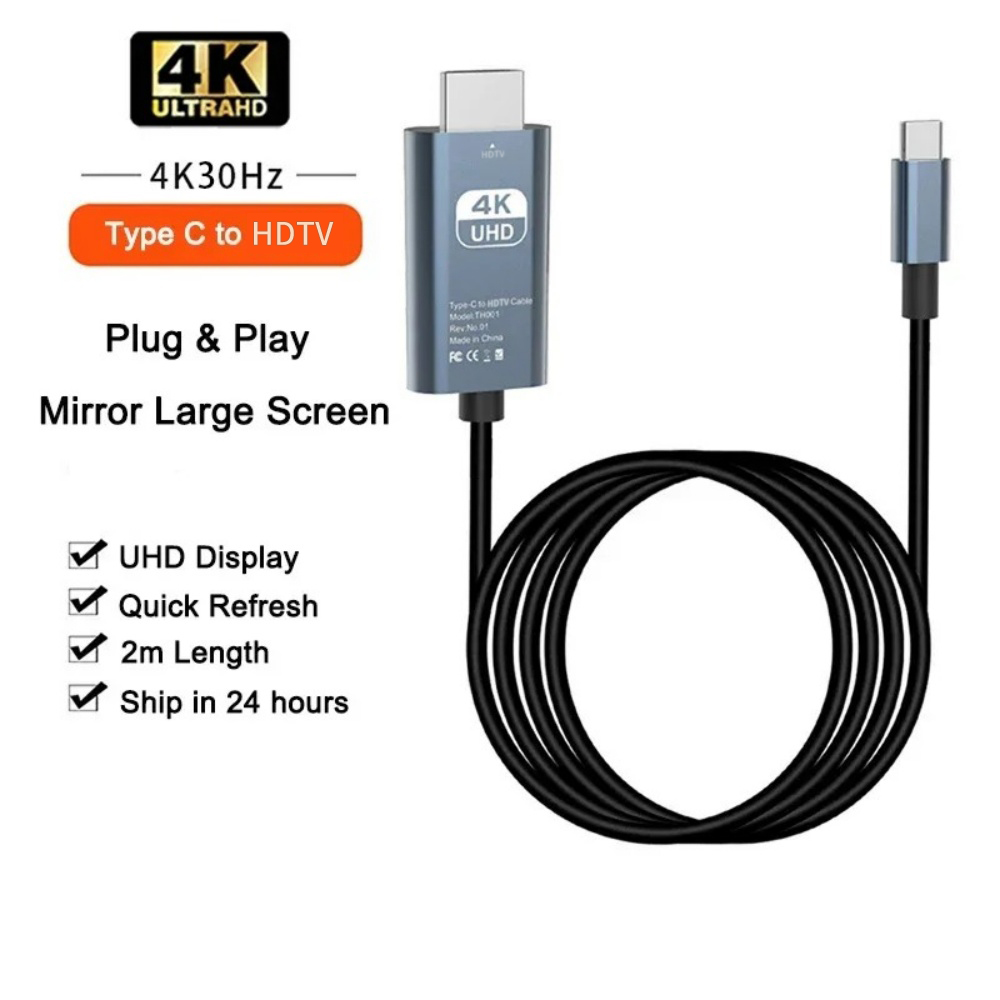 Adaptateur 4K HDTV USB Type C, Câble Convertisseur Numérique Vidéo HD, Miroir de Charge pour MacPle, Téléphone Android, Moniteur TV: Black