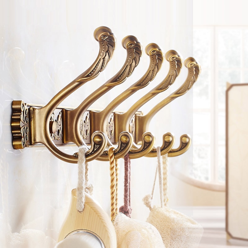 European Retro Emboss Wall Hook Space Aluminum Storage Rack 4-5 Hooks Hat Clothes Hanging Door Hange Luxury Bathroom Accessories