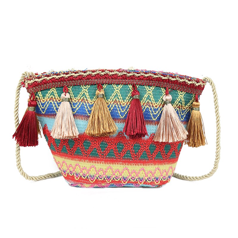 Dam axelväskor mini crossbody väskor bohemiska vävda etniska mönster väska tofs handväska /nr: Grön