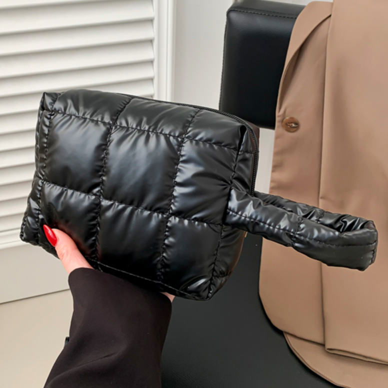 Quilted Embroidered Women's Puffer Makeup Bag Cotton Padded Small Storage Bags Down Solid Cosmetic Pouch Ladies Mini Clutch Bags