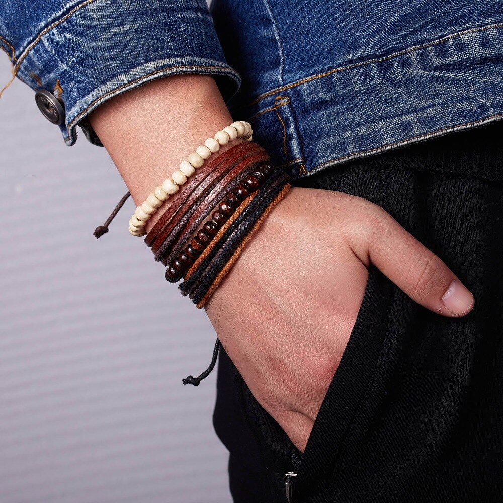 RINHOO skórzane bransoletki Vintage dla mężczyzn bohema wielowarstwowa koraliki Wrap Punk Rope biżuteria prezent na walentynki bransoletki bransoletki