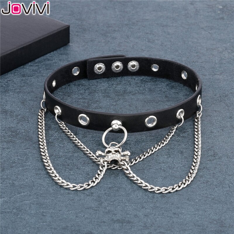 Jovivi leren gothic halsband kettingen punk spin choker ketting mannen vrouwen coole punk ketting riem nek verstelbaar 12-14 "inch