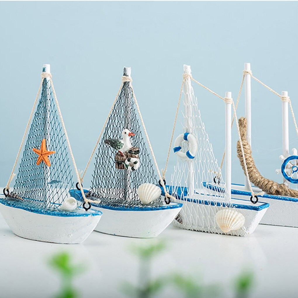 1pc mini middelhavsstil marine nautisk træ blå sejlbåd skib træ håndværk ornamenter festlokale boligindretning