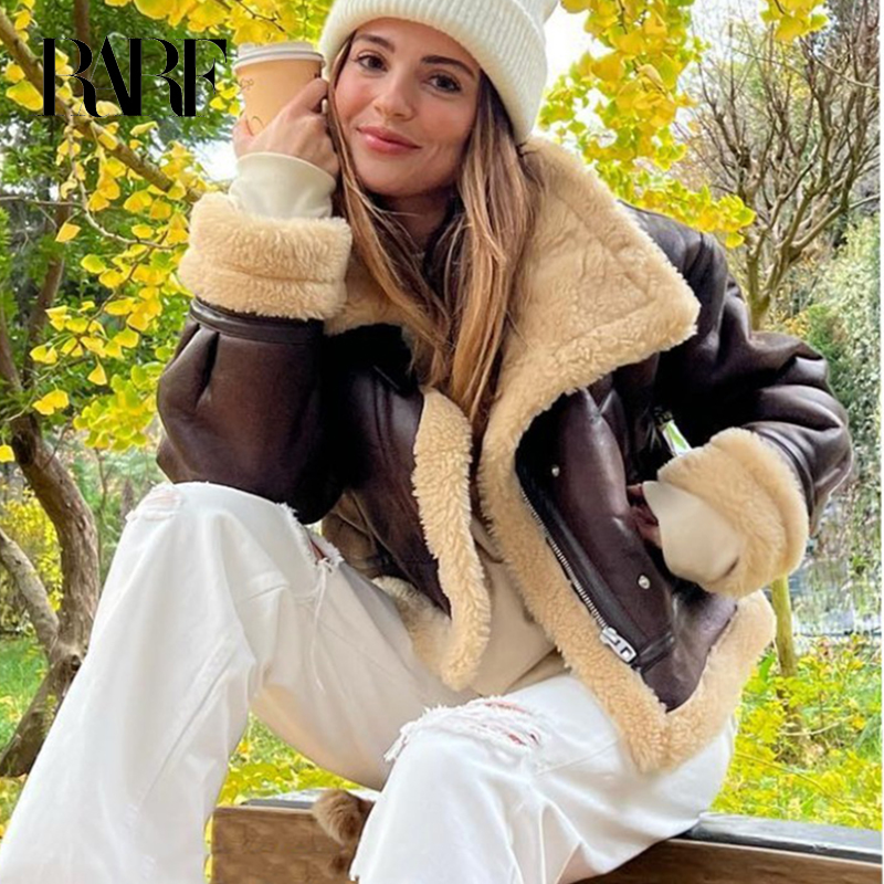 RARF 2024 Otoño Invierno mujer Chaqueta corta de piel sintética de cordero Vintage mujer Moto Biker cremallera gruesa abrigo cálido prendas de vestir de lana