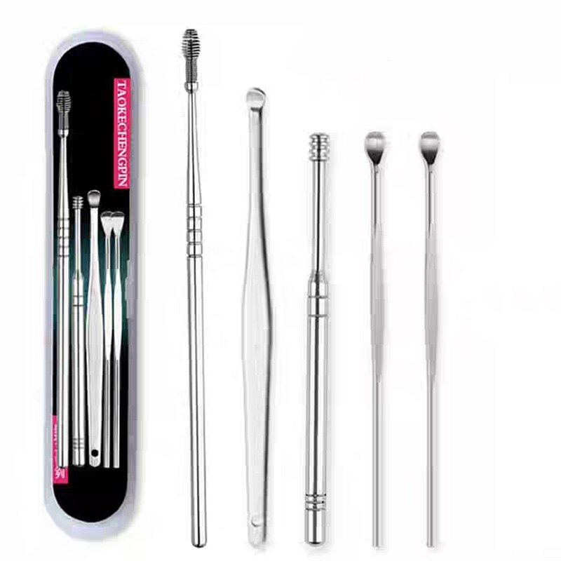 6 Stks/set Ear Wax Pickers Lepel Care Ear Clean Tool Rvs Earpick Wax Remover Curette Oor Pick Cleaner Oor cleaner