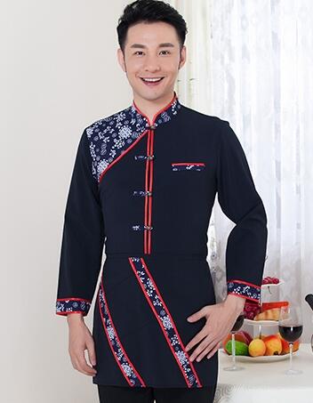 Featured Hotel Restaurant Farmhouse Waiter Uniforms Chinese Style Waitress Working Uniform Long Sleeve Overall Uniform: Navy Blue Men / L