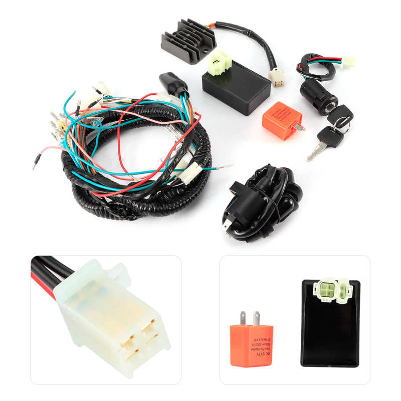 ignition strobe tester 1 Set Electrical Wiring Harness Kit Buzzer Ignition Keys Coil CDI Unit Fairing Fit