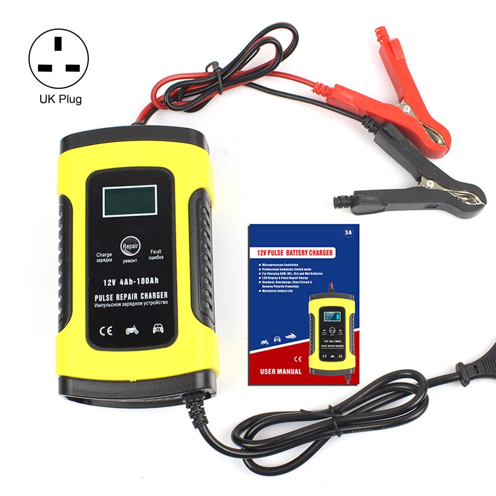 Universele 12V 5A Smart Battery Charger Draagbare Batterij Reparatie Tool Beheerder Met LCD Display voor Auto Motorfiets: Yellow UK-plug