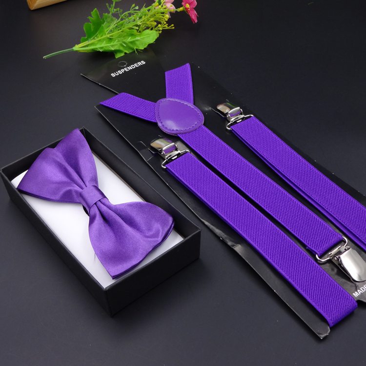 Effen Kleur Man Riem Bowtie Set Mannen Vrouwen Bretels Polyester Y-Back Bretels Twee Kleuren Strikje Verstelbare elastische: Purple
