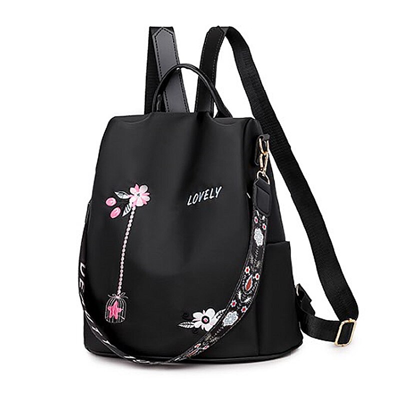 Puimentiua Oxford Women Backpack Floral Embroidery School Bags Waterproof Female Backpacks Teenage Girls: black A