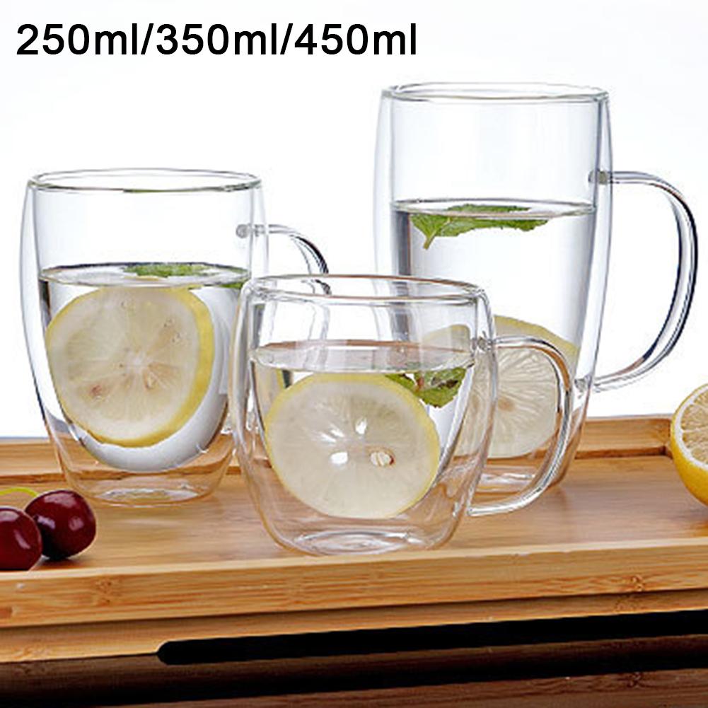 Klart glas bærbart 250/350/450ml vand kop kaffe krus dobbelt væg isoleret håndtag drinkware drikke krus drikke kop