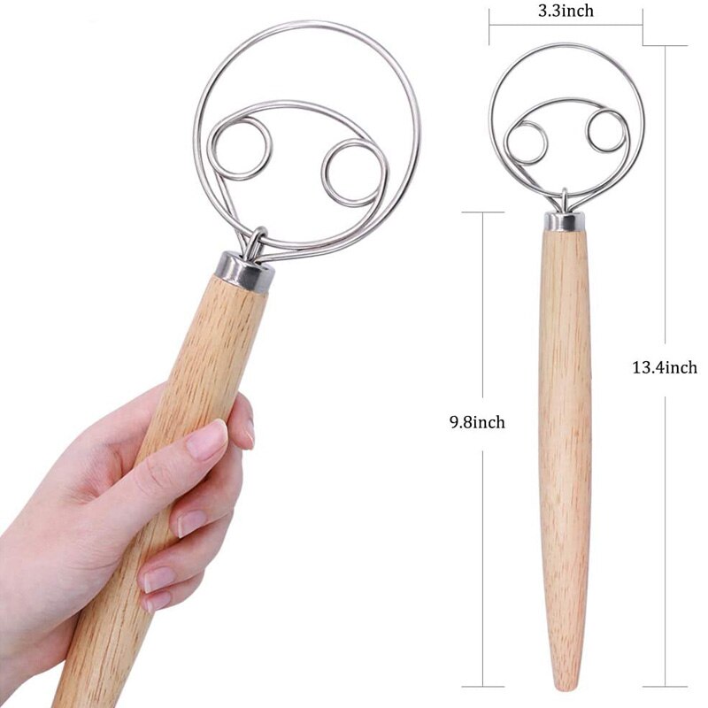 Stainless Steel Danish Dough Whisk Wooden Handle Pizza Bread Dough Mixing Whisk Tool Kitchen Baking Tools Artisian Blender