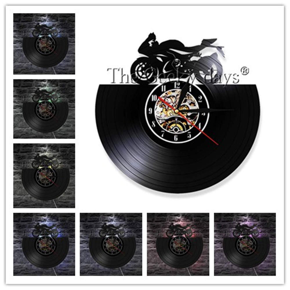 Reloj de pared Cafe Racer clásico de motocicleta Vintage Reloj de pared de vinilo de registro reloj de moto Arte de la pared Decoración motociclista corredor de: Blanco / 12 Inch Without LED
